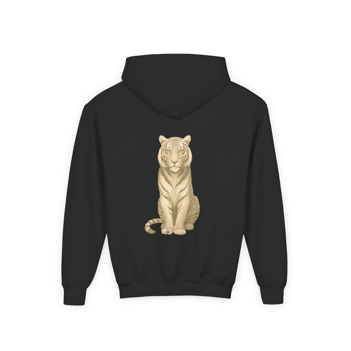 Kids Tiger "Power Through" Heavy Blend Hoodie | Front Text & Back Animal Print | Empowered & Bold | Inspirational Message