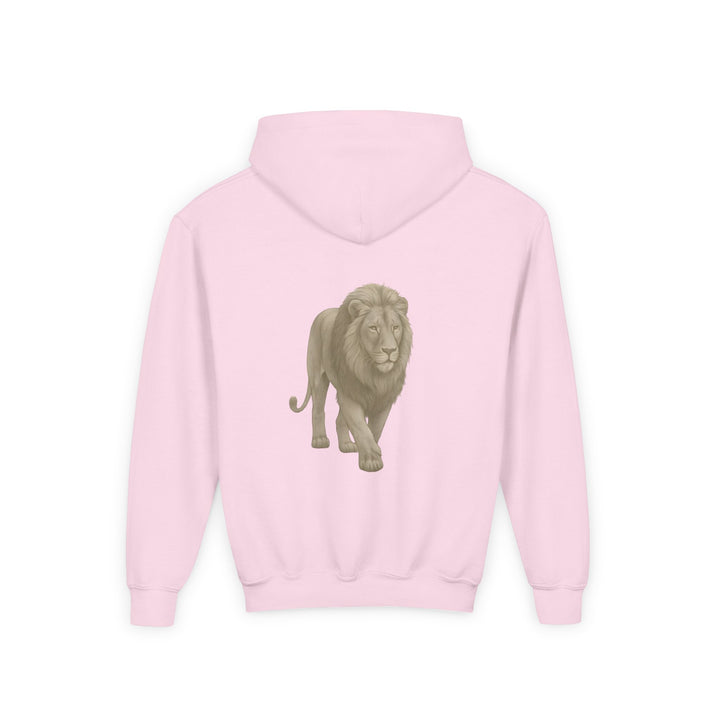 Kids Lion "Show Up" Heavy Blend Hoodie | Front Text & Back Animal Print | Empowered & Bold | Inspirational Message