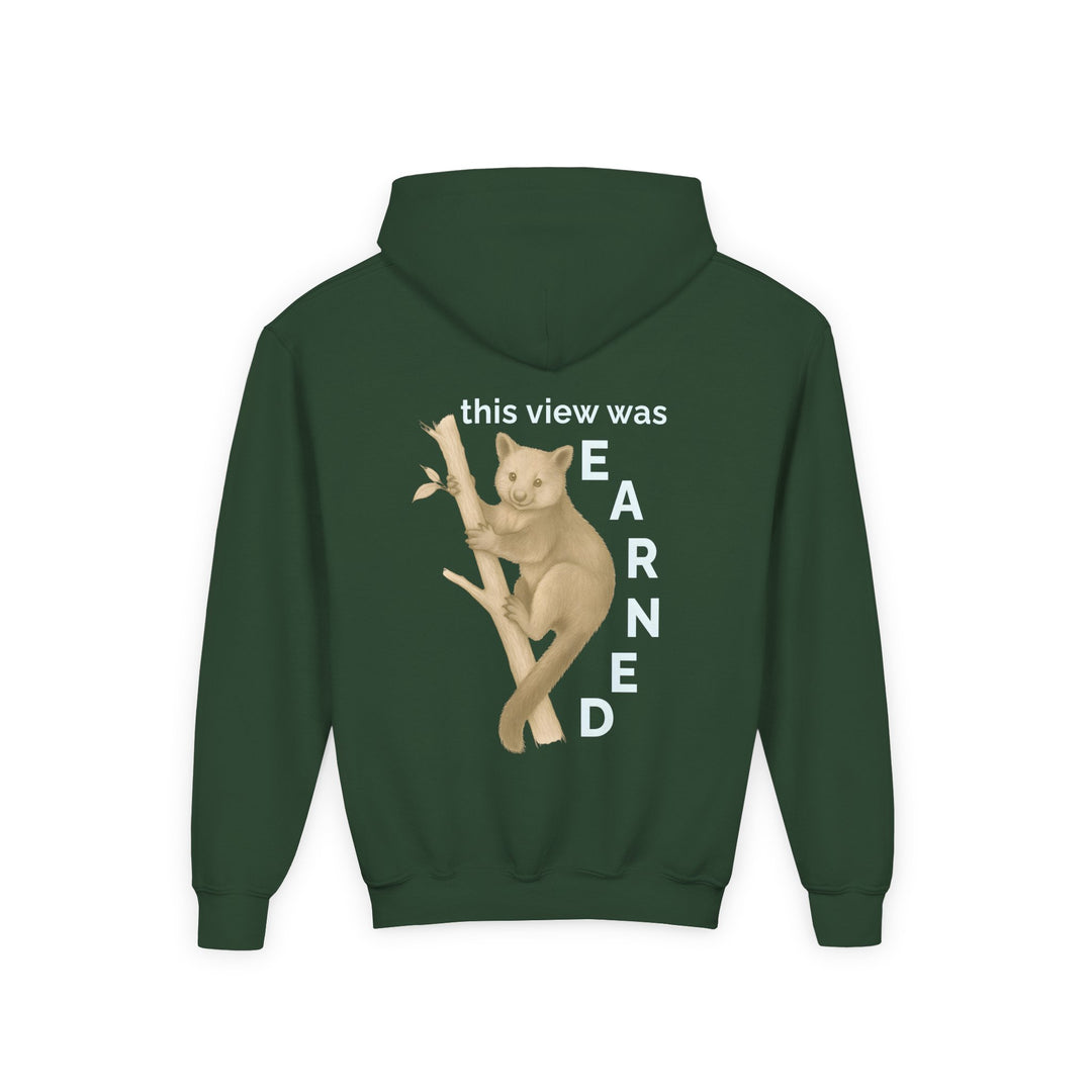 Kids Tree Kangaroo "This View Was Earned" Heavy Blend Hoodie | Back Print Design | Joyful & Playful | Inspirational Message