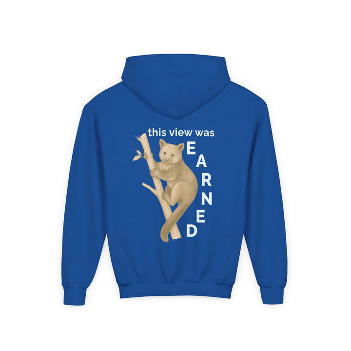 Kids Tree Kangaroo "This View Was Earned" Heavy Blend Hoodie | Back Print Design | Joyful & Playful | Inspirational Message