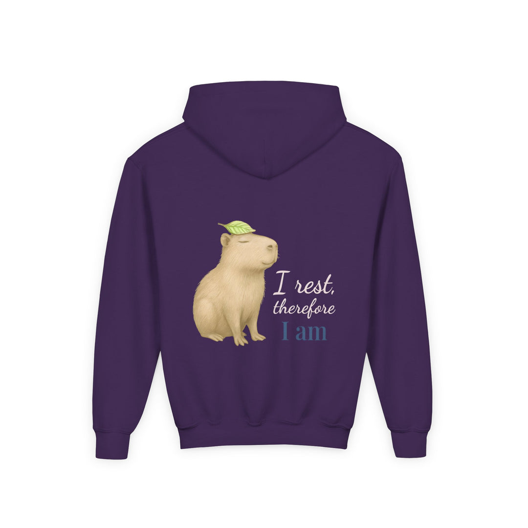 Kids Capybara "I Rest, Therefore I Am" Heavy Blend Hoodie | Back Print Design | Grounded & Gentle | Inspirational Message