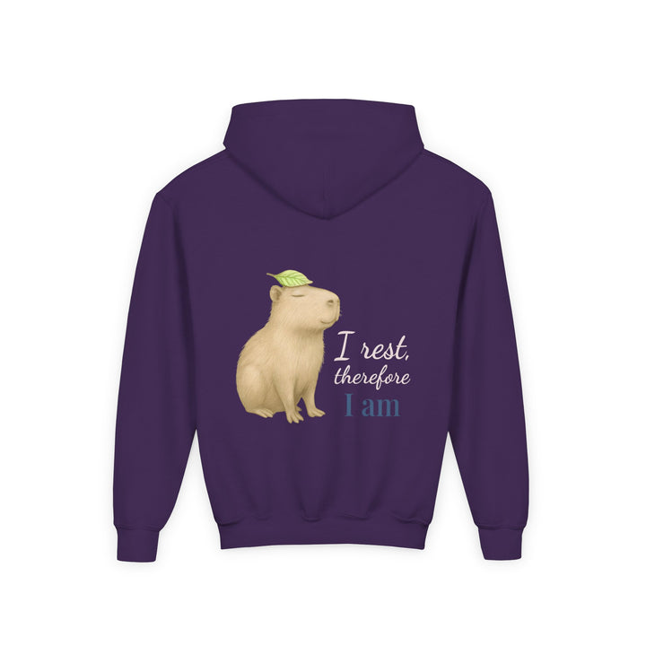 Kids Capybara "I Rest, Therefore I Am" Heavy Blend Hoodie | Back Print Design | Grounded & Gentle | Inspirational Message