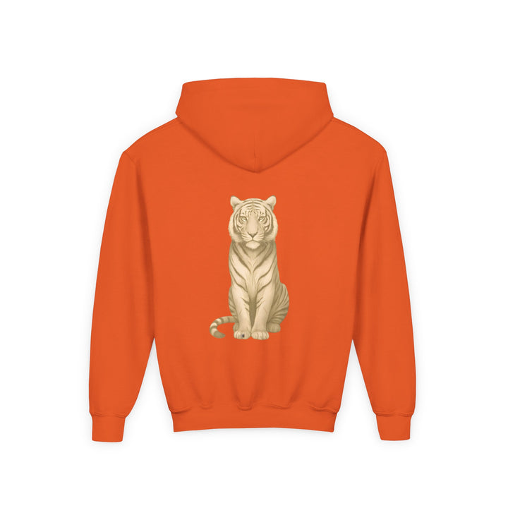 Kids Tiger "Power Through" Heavy Blend Hoodie | Front Text & Back Animal Print | Empowered & Bold | Inspirational Message