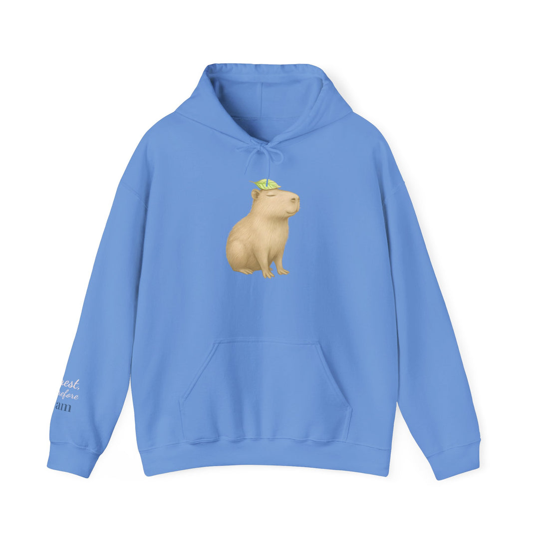 I Rest Therefore I Am – Capybara Edition | Grounded & Gentle Series | Unisex Heavy Blend™ Hooded Sweatshirt | Eco-Friendly Apparel