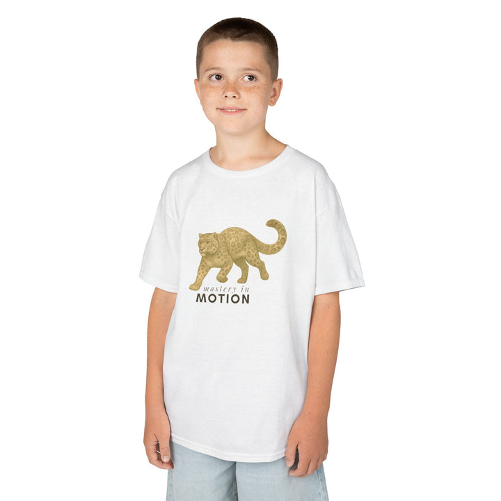 Kids Snow Leopard Tee | Mastery In Motion says "Practice Makes You Great" | Sketch Design | Eco-Conscious | Patient & Peaceful