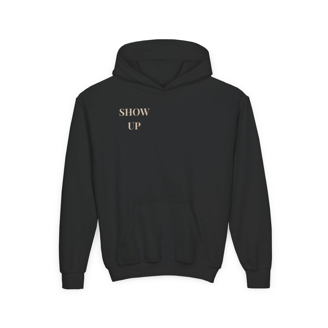 Kids Lion "Show Up" Heavy Blend Hoodie | Front Text & Back Animal Print | Empowered & Bold | Inspirational Message