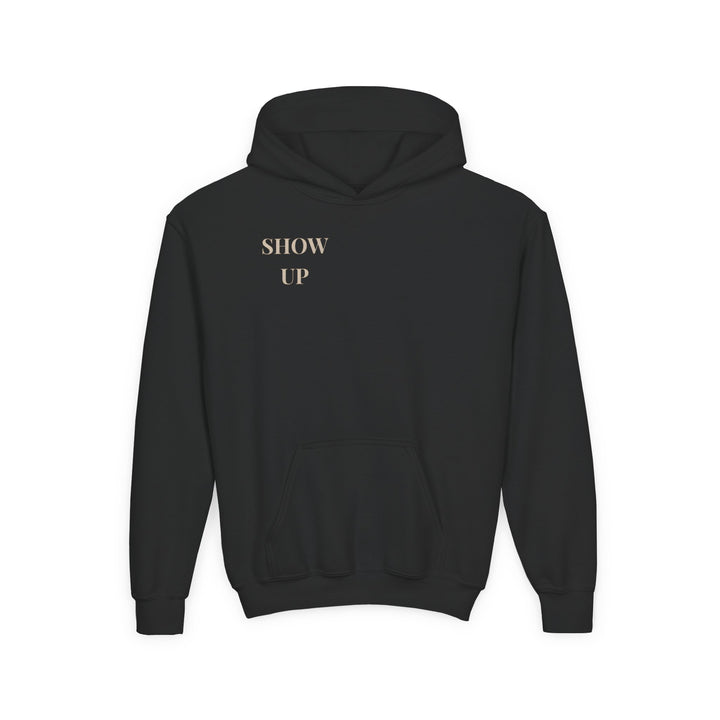 Kids Lion "Show Up" Heavy Blend Hoodie | Front Text & Back Animal Print | Empowered & Bold | Inspirational Message