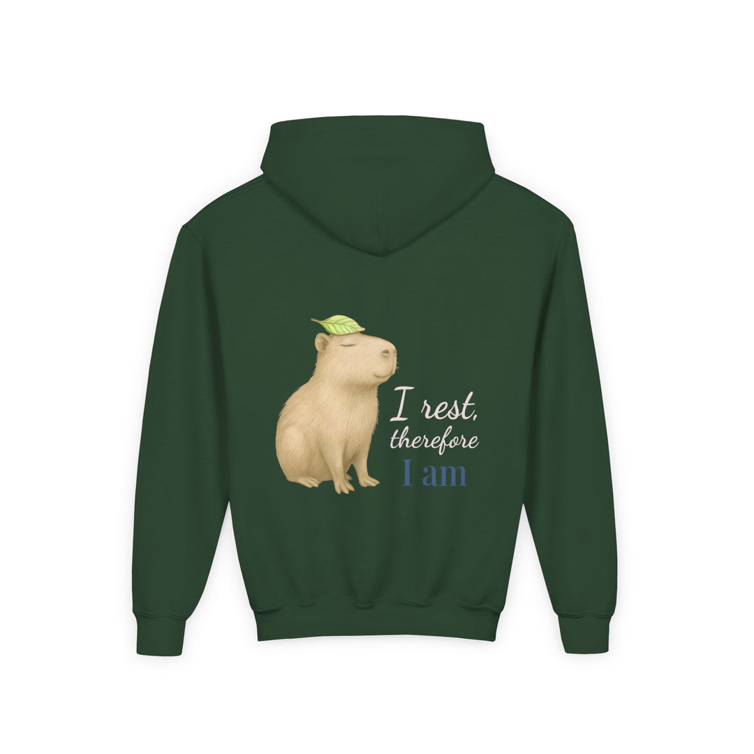 Kids Capybara "I Rest, Therefore I Am" Heavy Blend Hoodie | Back Print Design | Grounded & Gentle | Inspirational Message