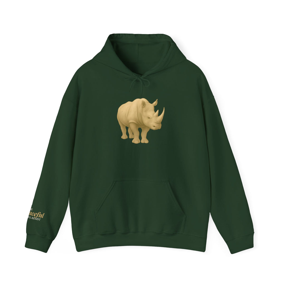 The Peaceful Still Resist – Rhino Edition | Patient & Peaceful Series | Unisex Heavy Blend™ Hooded Sweatshirt | Eco-Friendly Apparel