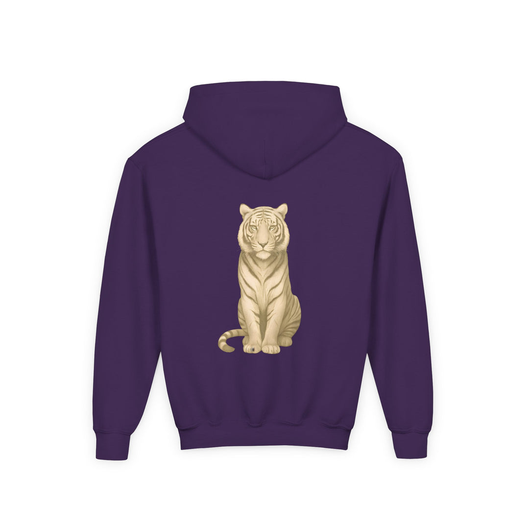 Kids Tiger "Power Through" Heavy Blend Hoodie | Front Text & Back Animal Print | Empowered & Bold | Inspirational Message