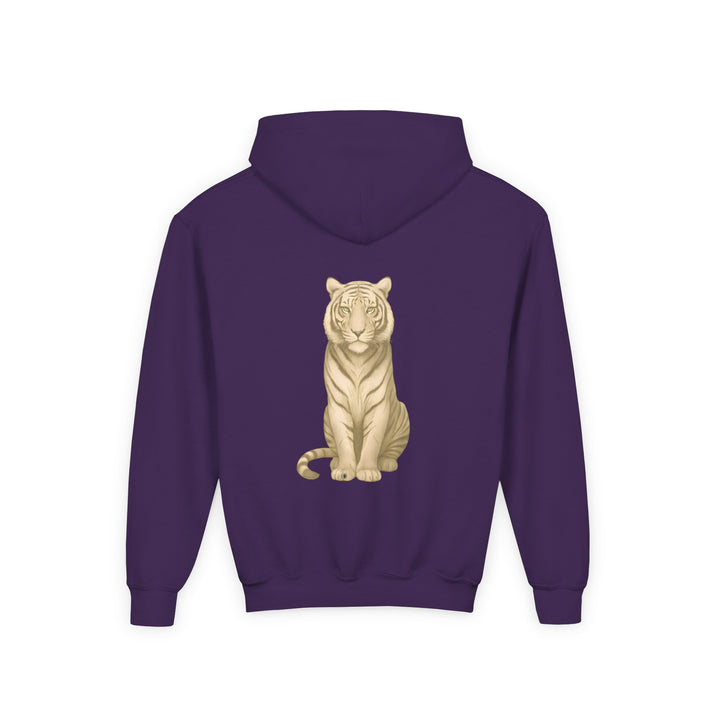 Kids Tiger "Power Through" Heavy Blend Hoodie | Front Text & Back Animal Print | Empowered & Bold | Inspirational Message