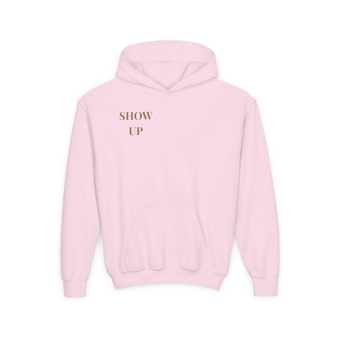 Kids Lion "Show Up" Heavy Blend Hoodie | Front Text & Back Animal Print | Empowered & Bold | Inspirational Message