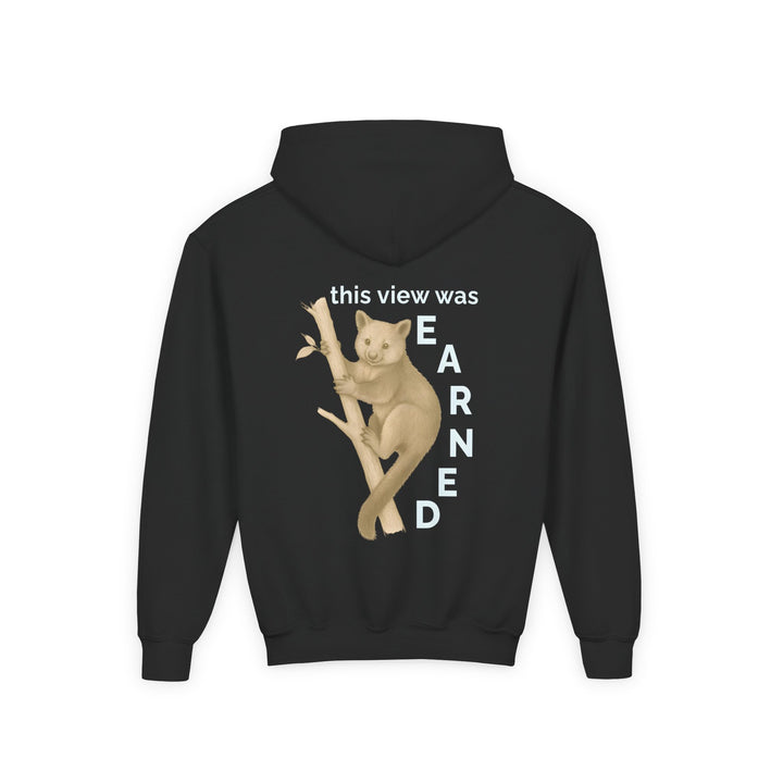 Kids Tree Kangaroo "This View Was Earned" Heavy Blend Hoodie | Back Print Design | Joyful & Playful | Inspirational Message