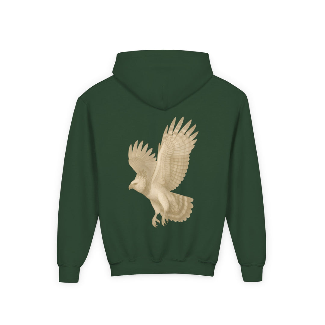 Kids Harpy Eagle "Ascend with Respect" Heavy Blend Hoodie | Front Text & Back Animal Print | Empowered & Bold | Inspirational Message