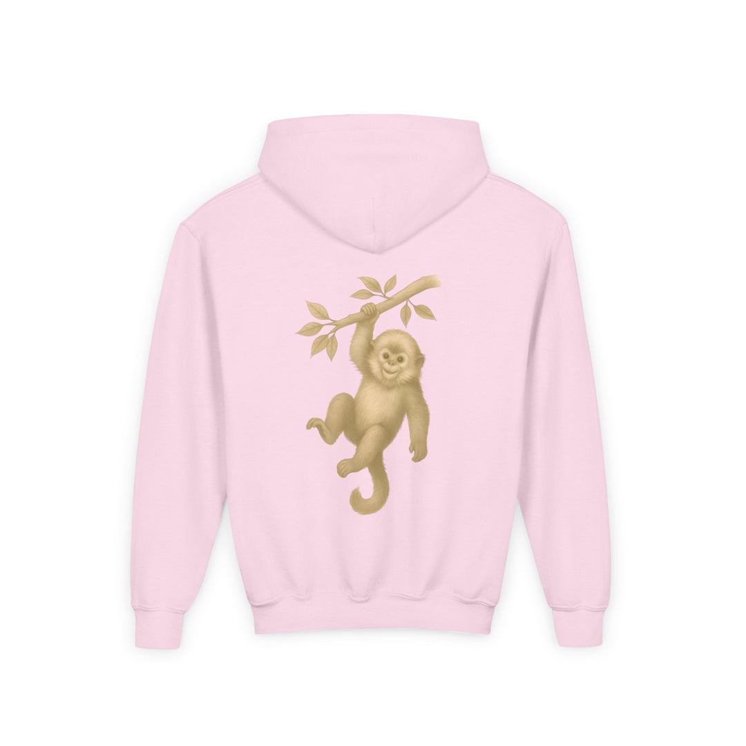 Kids Golden Snub-Nosed Monkey "Lighten Up. Do Nothing. On Purpose." Heavy Blend Hoodie | Back Print Design | Joyful & Playful | Inspirational Message