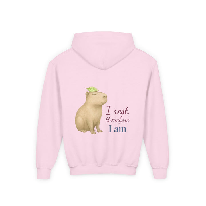 Kids Capybara "I Rest, Therefore I Am" Heavy Blend Hoodie | Back Print Design | Grounded & Gentle | Inspirational Message