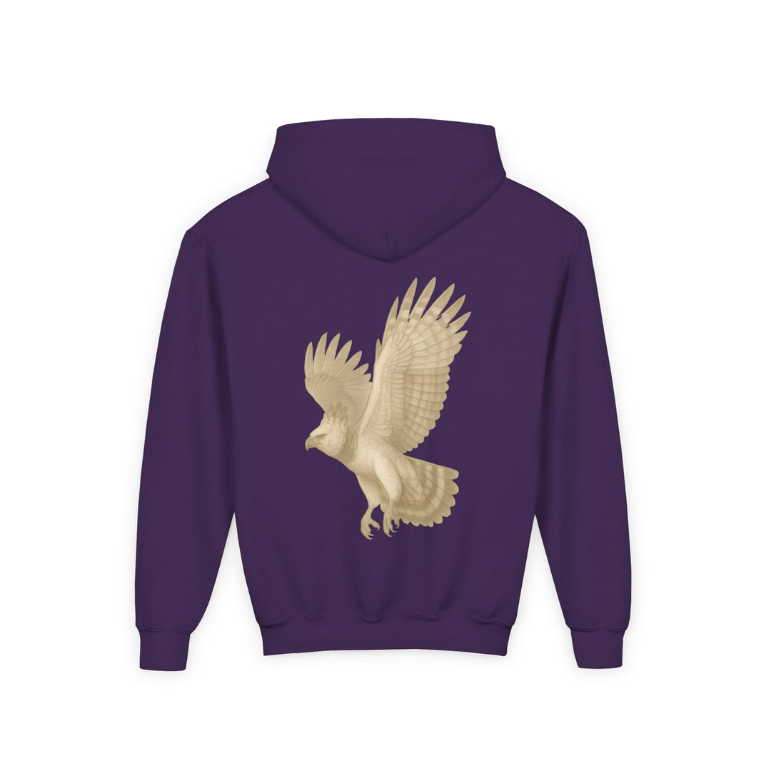 Kids Harpy Eagle "Ascend with Respect" Heavy Blend Hoodie | Front Text & Back Animal Print | Empowered & Bold | Inspirational Message