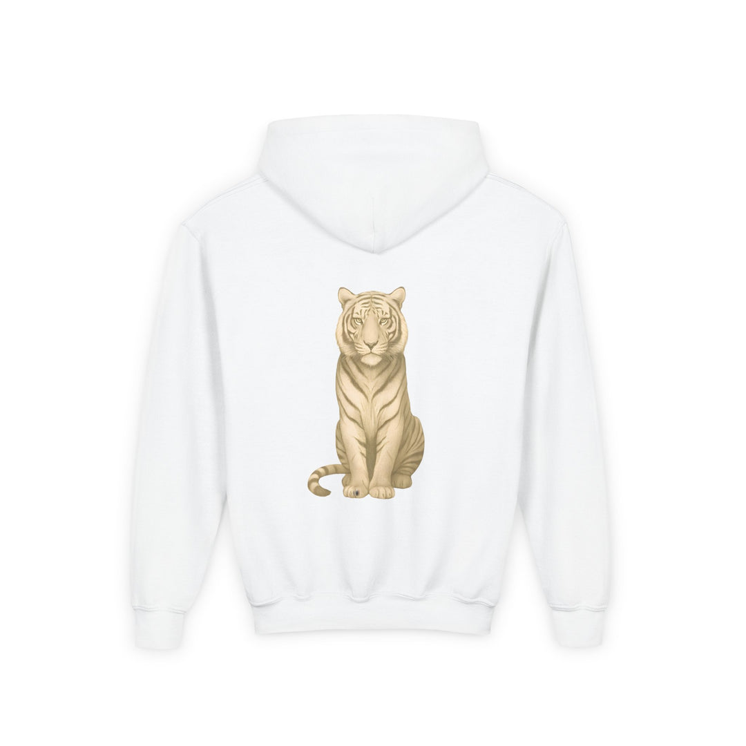 Kids Tiger "Power Through" Heavy Blend Hoodie | Front Text & Back Animal Print | Empowered & Bold | Inspirational Message