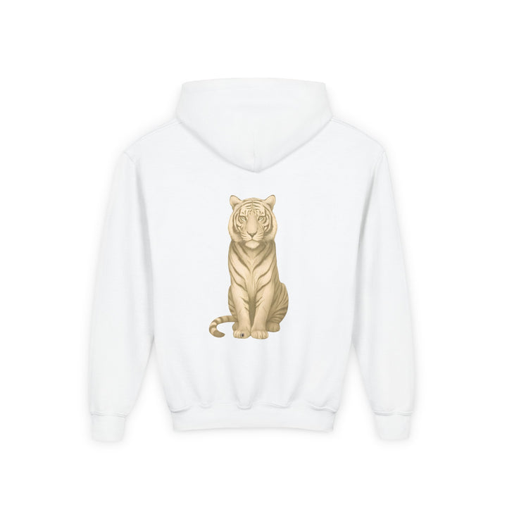 Kids Tiger "Power Through" Heavy Blend Hoodie | Front Text & Back Animal Print | Empowered & Bold | Inspirational Message
