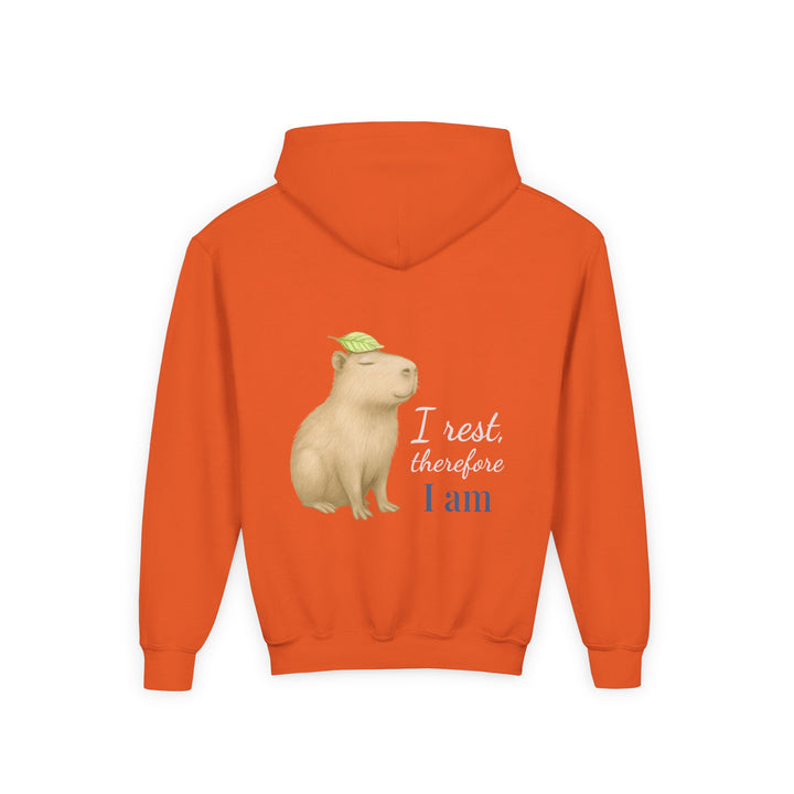 Kids Capybara "I Rest, Therefore I Am" Heavy Blend Hoodie | Back Print Design | Grounded & Gentle | Inspirational Message