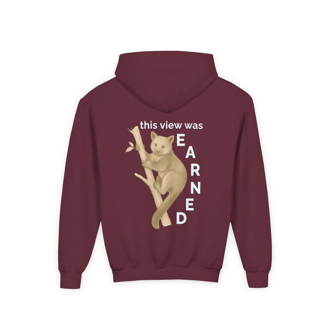 Kids Tree Kangaroo "This View Was Earned" Heavy Blend Hoodie | Back Print Design | Joyful & Playful | Inspirational Message