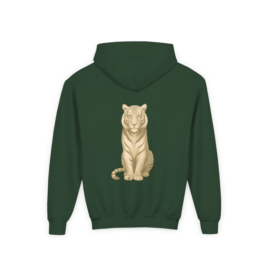 Kids Tiger "Power Through" Heavy Blend Hoodie | Front Text & Back Animal Print | Empowered & Bold | Inspirational Message