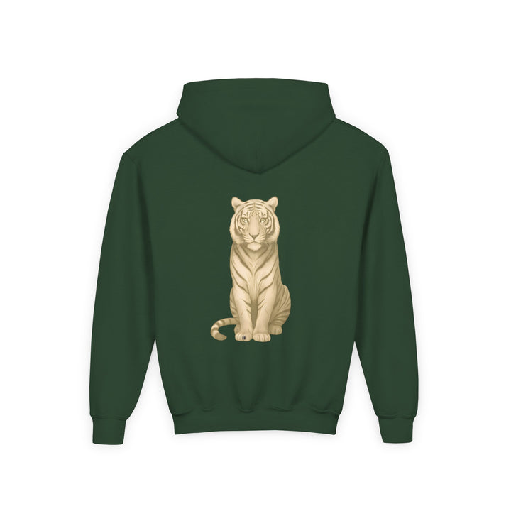 Kids Tiger "Power Through" Heavy Blend Hoodie | Front Text & Back Animal Print | Empowered & Bold | Inspirational Message