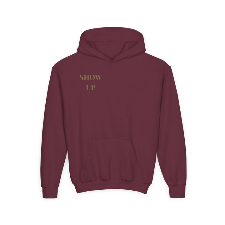 Kids Lion "Show Up" Heavy Blend Hoodie | Front Text & Back Animal Print | Empowered & Bold | Inspirational Message