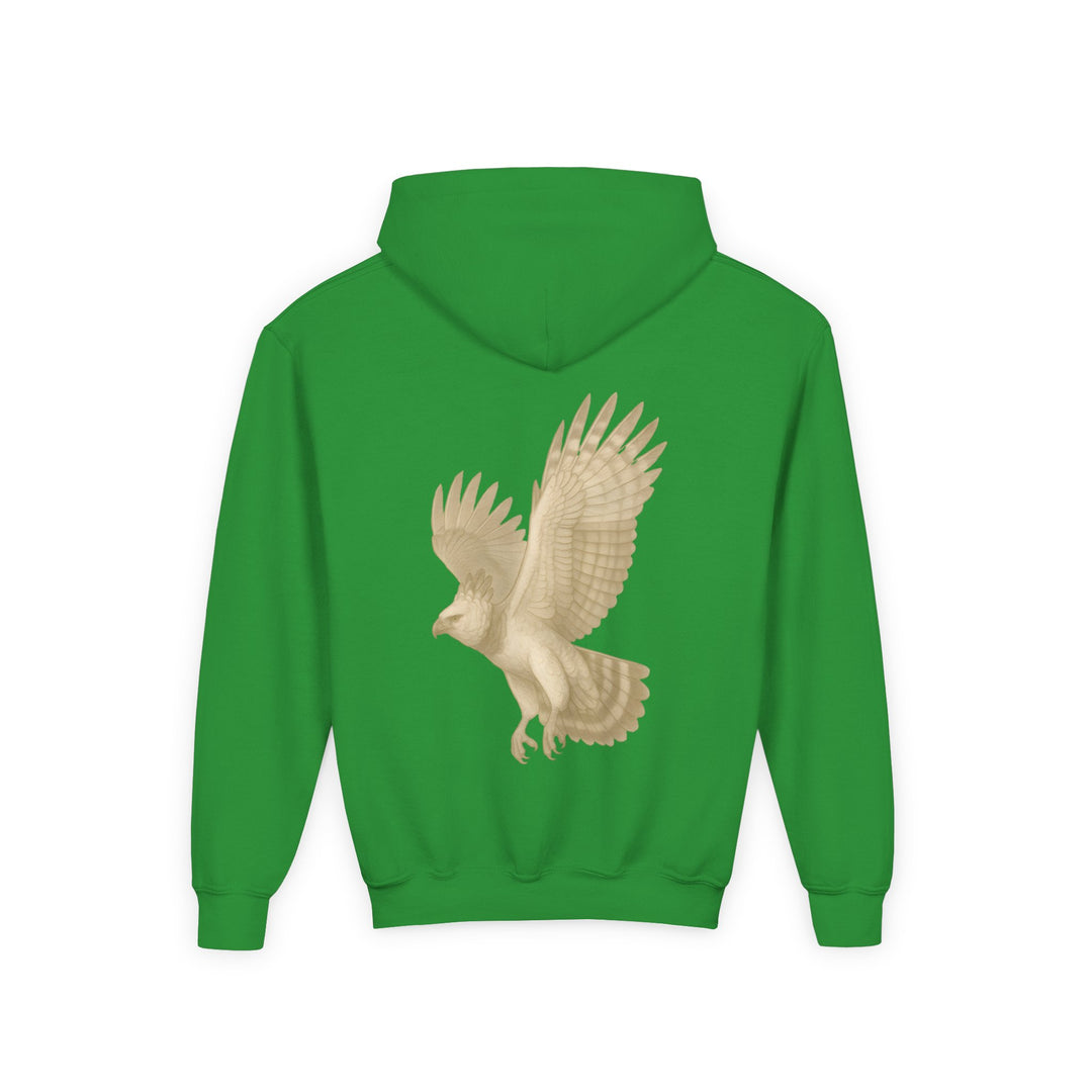 Kids Harpy Eagle "Ascend with Respect" Heavy Blend Hoodie | Front Text & Back Animal Print | Empowered & Bold | Inspirational Message