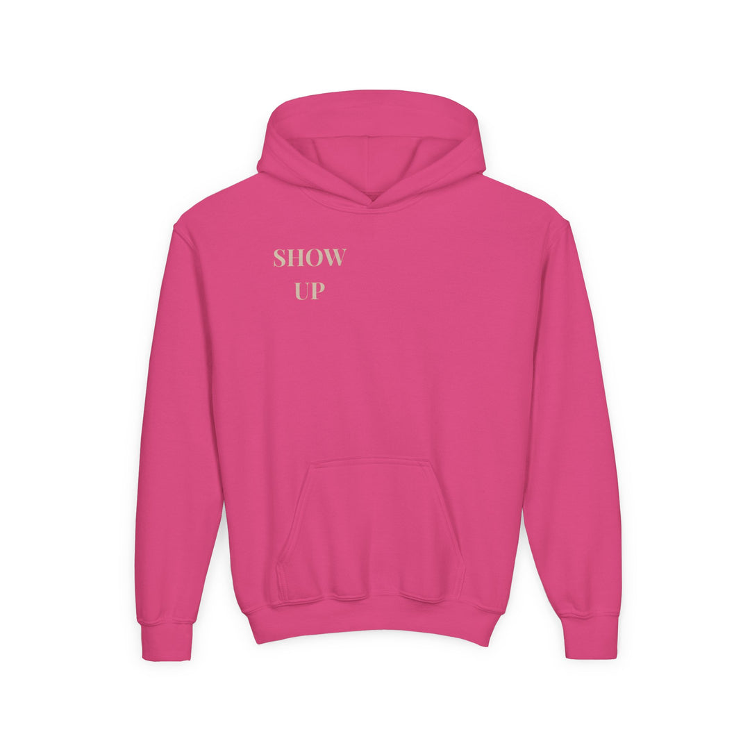 Kids Lion "Show Up" Heavy Blend Hoodie | Front Text & Back Animal Print | Empowered & Bold | Inspirational Message