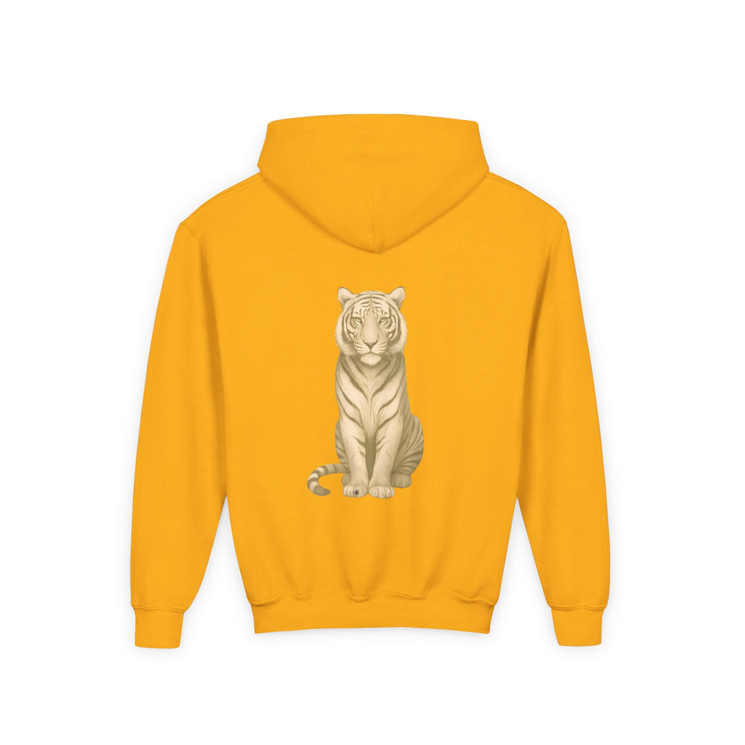 Kids Tiger "Power Through" Heavy Blend Hoodie | Front Text & Back Animal Print | Empowered & Bold | Inspirational Message