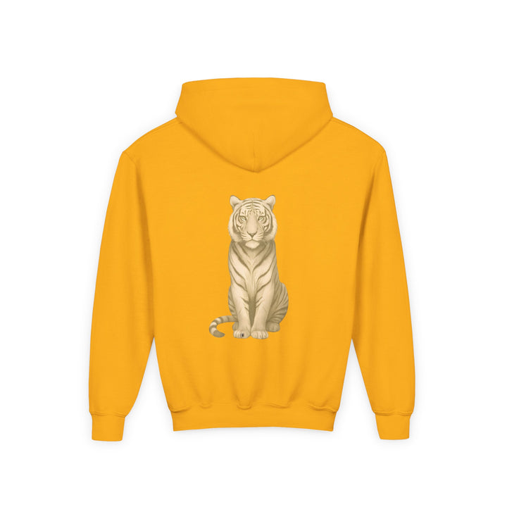 Kids Tiger "Power Through" Heavy Blend Hoodie | Front Text & Back Animal Print | Empowered & Bold | Inspirational Message