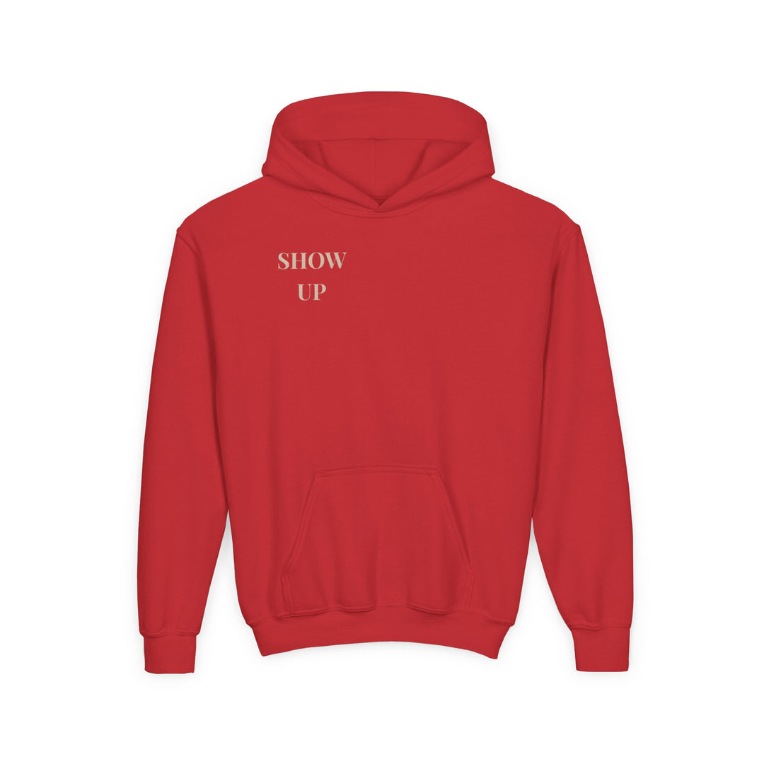 Kids Lion "Show Up" Heavy Blend Hoodie | Front Text & Back Animal Print | Empowered & Bold | Inspirational Message
