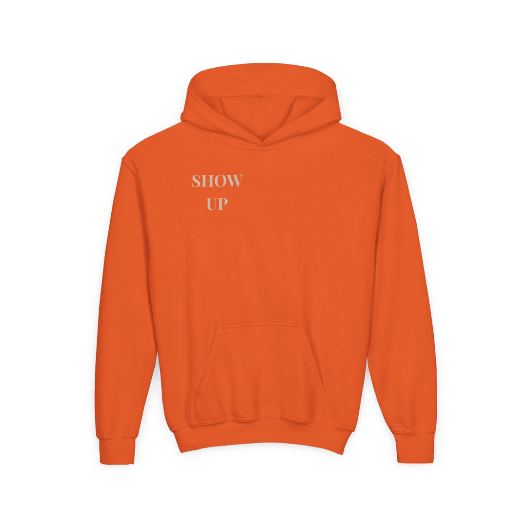 Kids Lion "Show Up" Heavy Blend Hoodie | Front Text & Back Animal Print | Empowered & Bold | Inspirational Message
