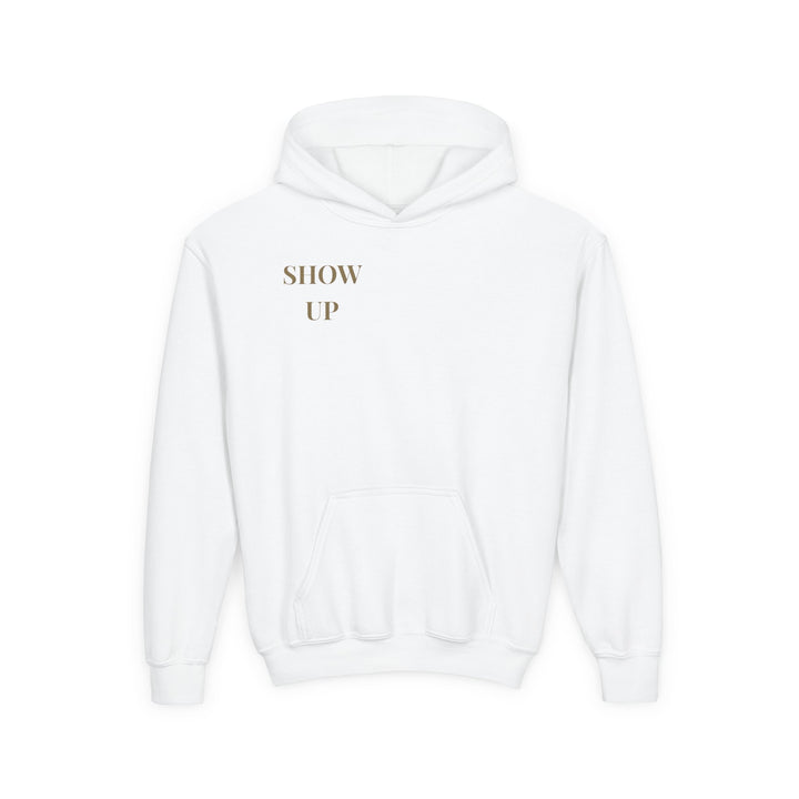 Kids Lion "Show Up" Heavy Blend Hoodie | Front Text & Back Animal Print | Empowered & Bold | Inspirational Message