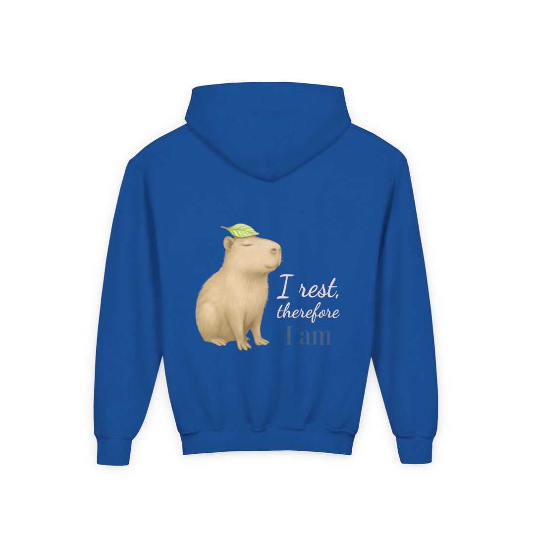 Kids Capybara "I Rest, Therefore I Am" Heavy Blend Hoodie | Back Print Design | Grounded & Gentle | Inspirational Message