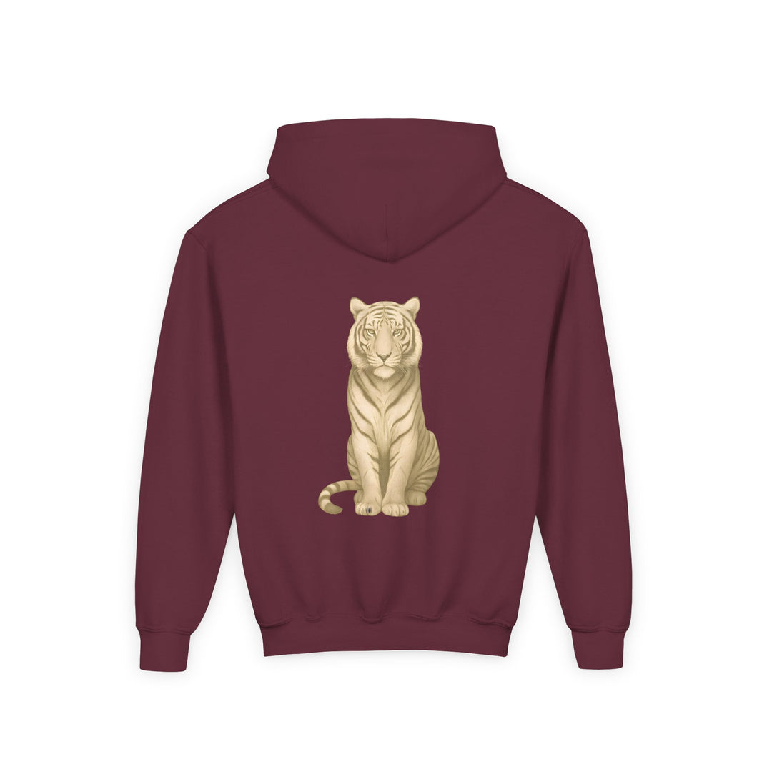 Kids Tiger "Power Through" Heavy Blend Hoodie | Front Text & Back Animal Print | Empowered & Bold | Inspirational Message