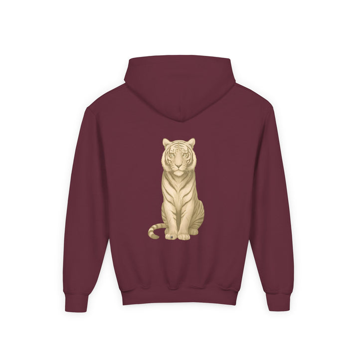 Kids Tiger "Power Through" Heavy Blend Hoodie | Front Text & Back Animal Print | Empowered & Bold | Inspirational Message