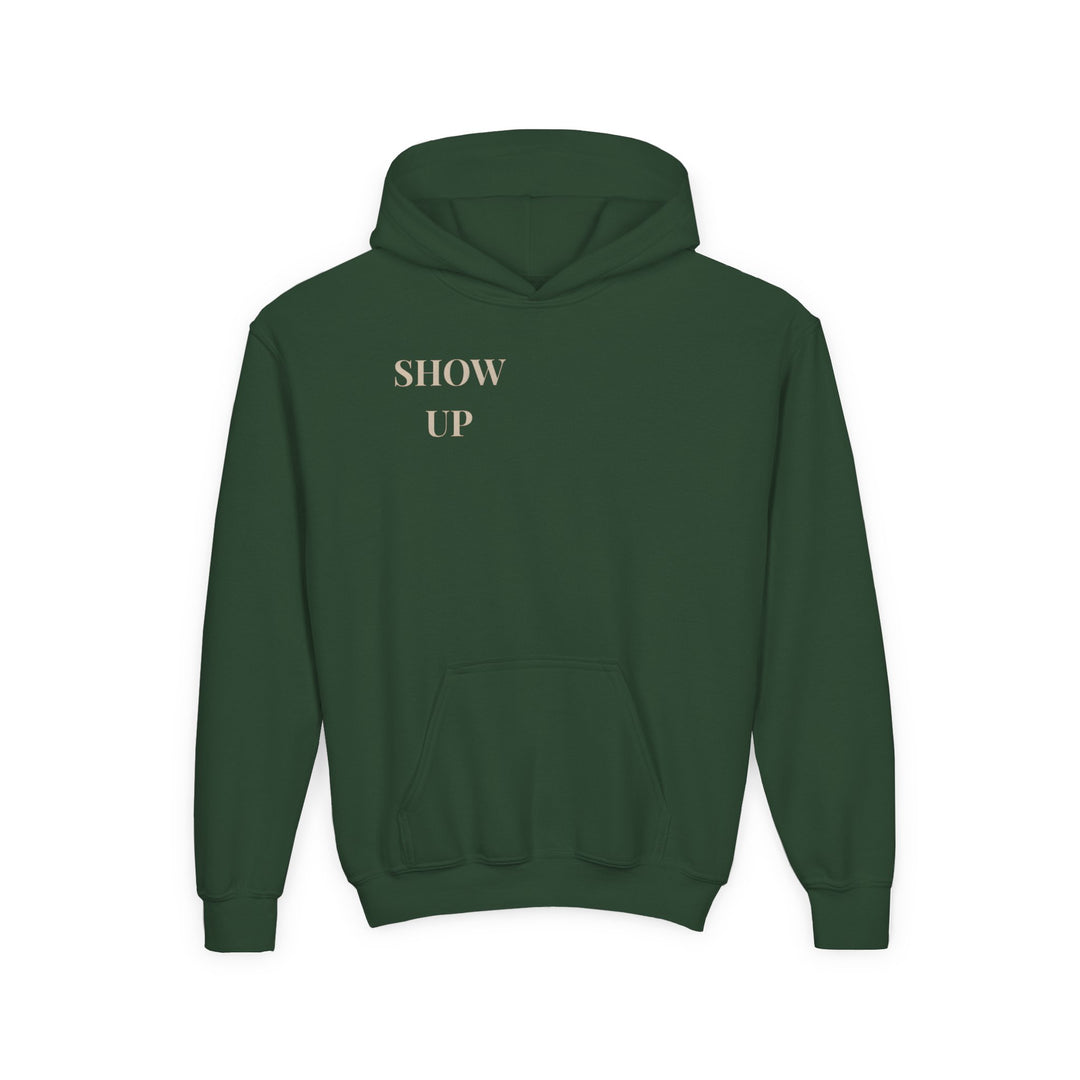 Kids Lion "Show Up" Heavy Blend Hoodie | Front Text & Back Animal Print | Empowered & Bold | Inspirational Message