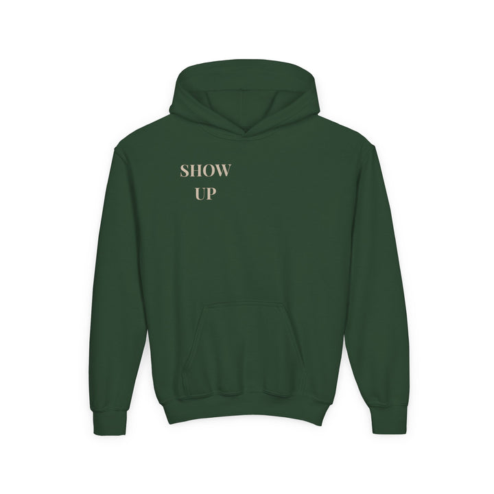 Kids Lion "Show Up" Heavy Blend Hoodie | Front Text & Back Animal Print | Empowered & Bold | Inspirational Message