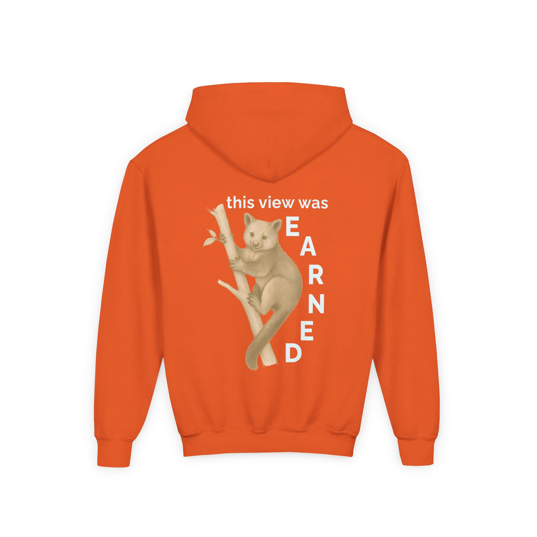 Kids Tree Kangaroo "This View Was Earned" Heavy Blend Hoodie | Back Print Design | Joyful & Playful | Inspirational Message