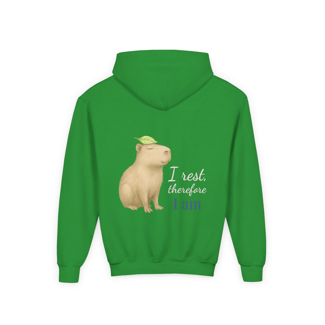 Kids Capybara "I Rest, Therefore I Am" Heavy Blend Hoodie | Back Print Design | Grounded & Gentle | Inspirational Message