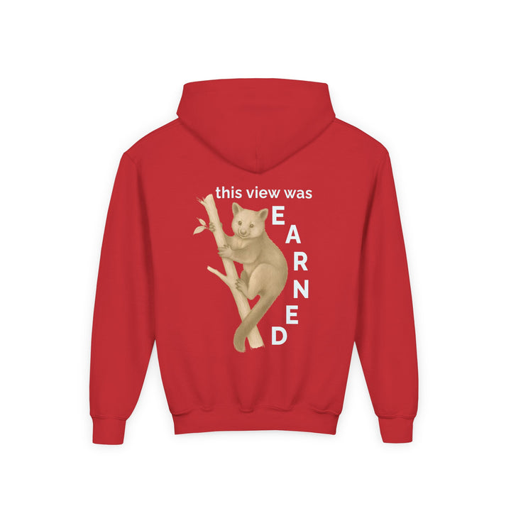 Kids Tree Kangaroo "This View Was Earned" Heavy Blend Hoodie | Back Print Design | Joyful & Playful | Inspirational Message