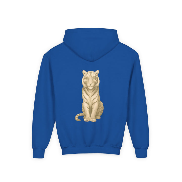Kids Tiger "Power Through" Heavy Blend Hoodie | Front Text & Back Animal Print | Empowered & Bold | Inspirational Message