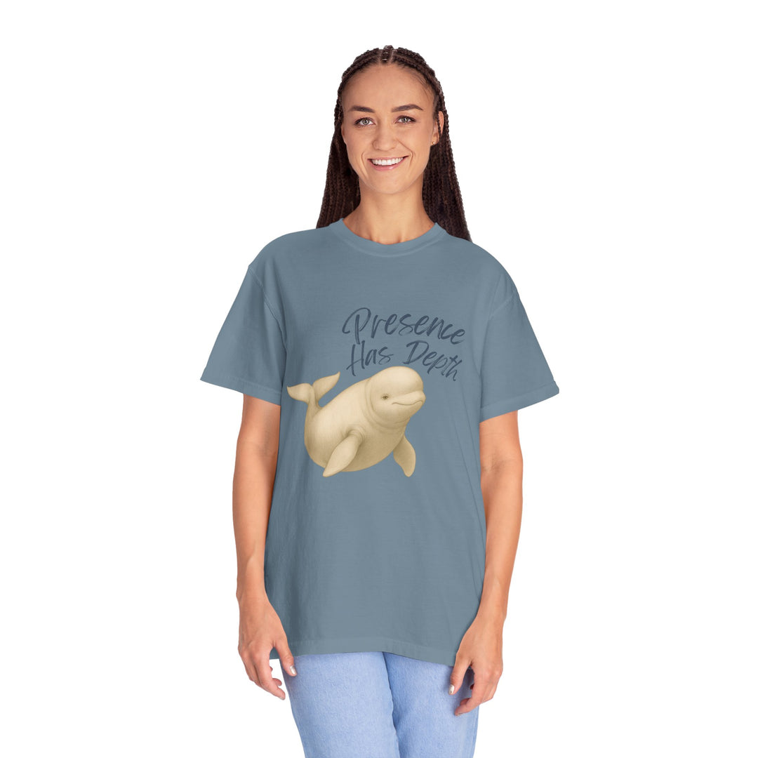 Presence Has Depth – Beluga Whale | Grounded & Gentle | Sketch Series by Pure Perspective | Eco Friendly Graphic Tee