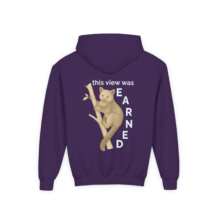 Kids Tree Kangaroo "This View Was Earned" Heavy Blend Hoodie | Back Print Design | Joyful & Playful | Inspirational Message
