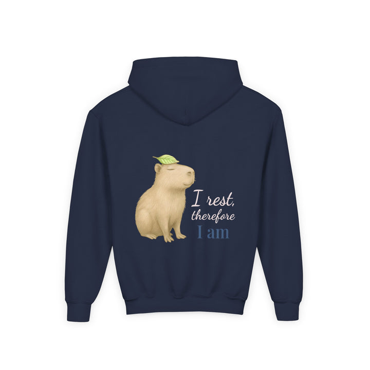 Kids Capybara "I Rest, Therefore I Am" Heavy Blend Hoodie | Back Print Design | Grounded & Gentle | Inspirational Message