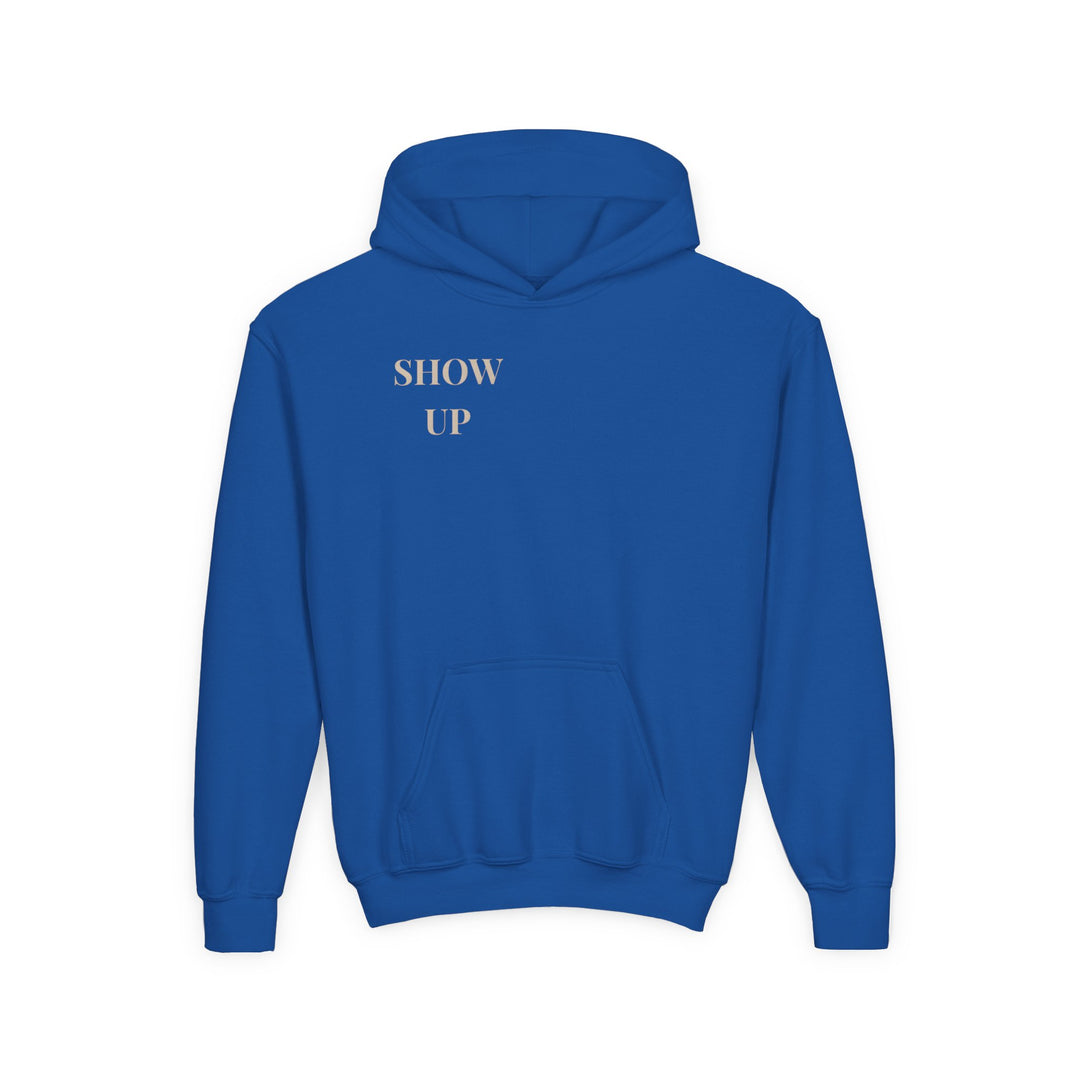 Kids Lion "Show Up" Heavy Blend Hoodie | Front Text & Back Animal Print | Empowered & Bold | Inspirational Message