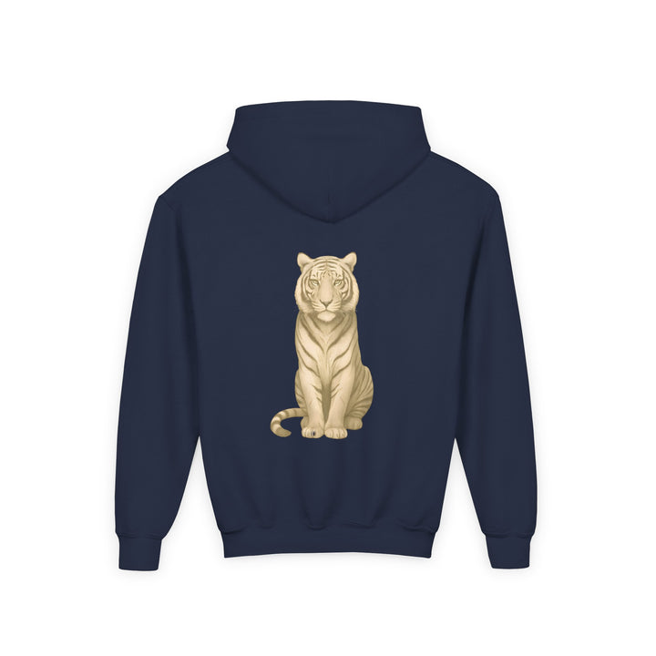Kids Tiger "Power Through" Heavy Blend Hoodie | Front Text & Back Animal Print | Empowered & Bold | Inspirational Message