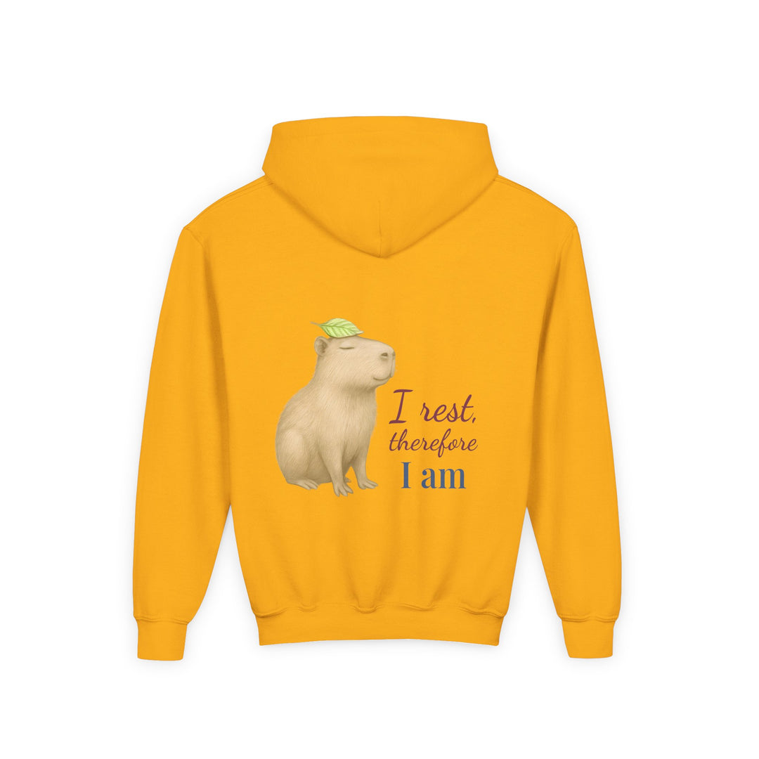Kids Capybara "I Rest, Therefore I Am" Heavy Blend Hoodie | Back Print Design | Grounded & Gentle | Inspirational Message